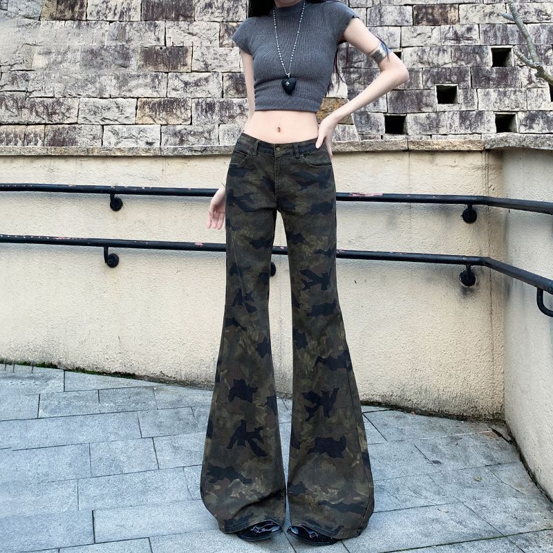 美式复古迷彩低腰微喇牛仔裤女2025夏季新款高街宽松显瘦拖地长裤|undefined