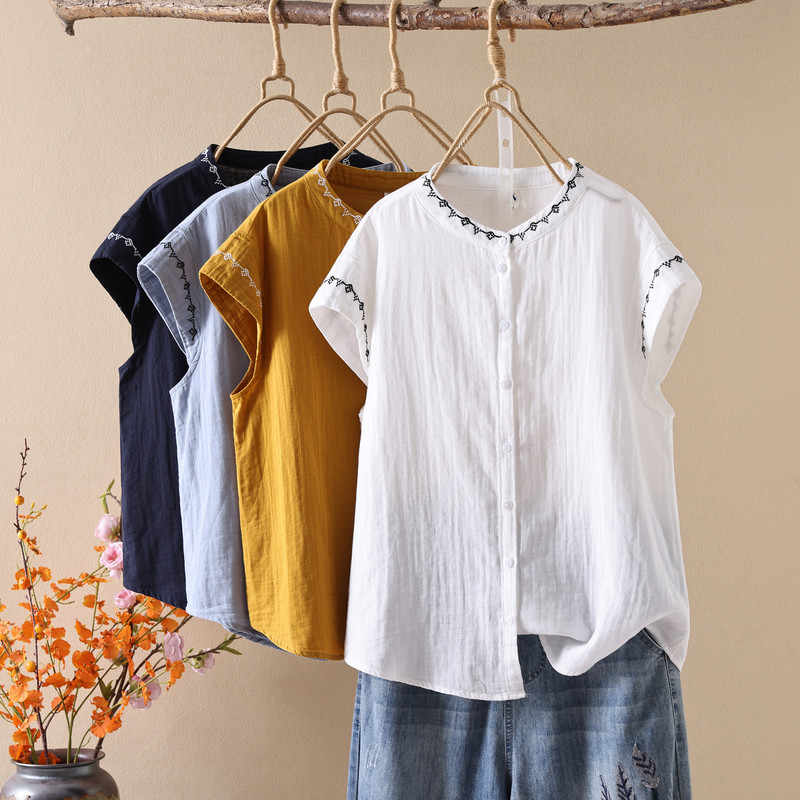 2025 Autumn Clothing Embroidered Lace Stand Collar Women's Cardigan Short Sleeve Shirt Loose Top Wholesale