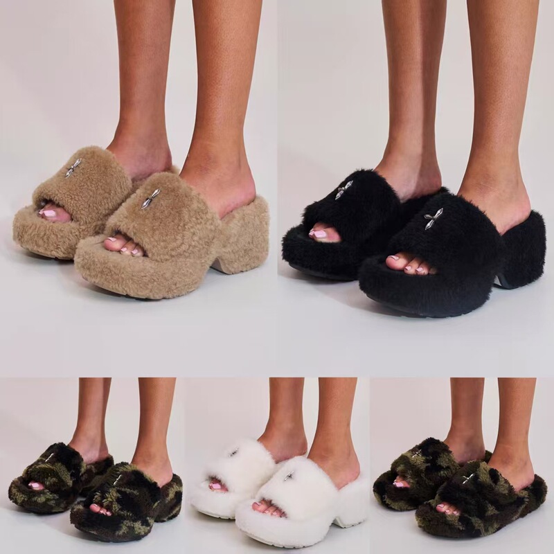 Sk Cross Statue Fur Integrated High-Heeled Slippers Multi-Color Shearling Outer Wear Women's Shoes