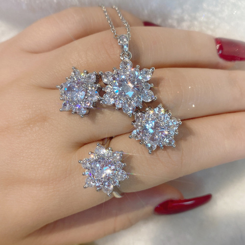 Xiaohongshu Recommended Live Streaming Sunflower Necklace Set with Flowers Petals Micro-Set Full Diamond Open Ring Earrings