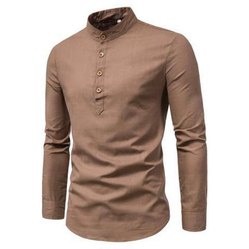Весенняя мужская рубашка с длинным рукавом, slim fit, китайский стиль, хлопок и лён, узкий крой,
