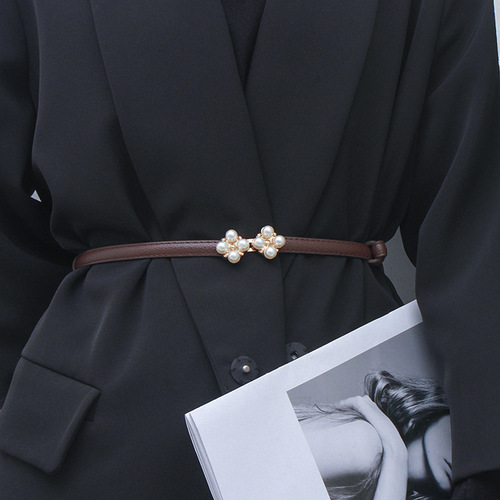 Pearl buckle waist belt for women, elastic thin black with skirt decoration dress belt for girls
