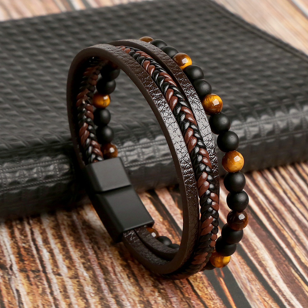 Daily Occasion Pu Leather, natural stone Material Hip-Hop Retro Round Pu Leather Natural Stone Knitting Men'S Bracelets Men Cord & Leather Bracelets