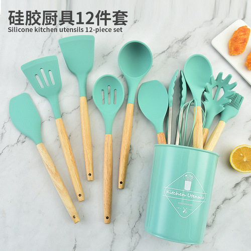 Wholesale Colorful Silicone Handle Twelve-Piece Silicone Kitchen Spatula Set, Food-Grade High-Temperature Resistant Cookware Set