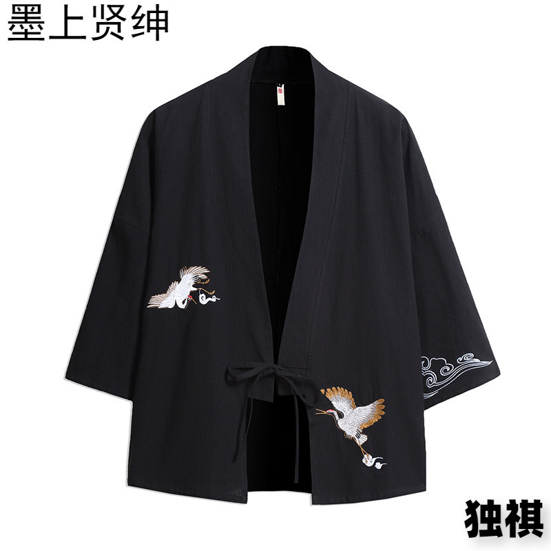 Spring and Summer Chinese Style Crane Embroidery Kimono Cardigan Men's Trendy Antique Japanese Style Loose Robe Jacket Men's Hanfu