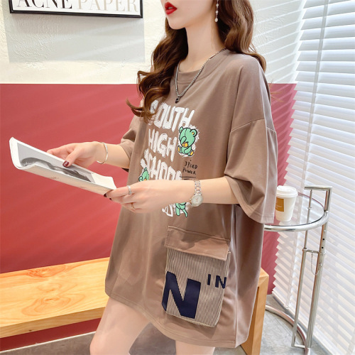 Design Sense Letter 3D Pocket Top for Women, Cartoon Bear, 2025 Summer Casual Loose Plus Size T-Shirt