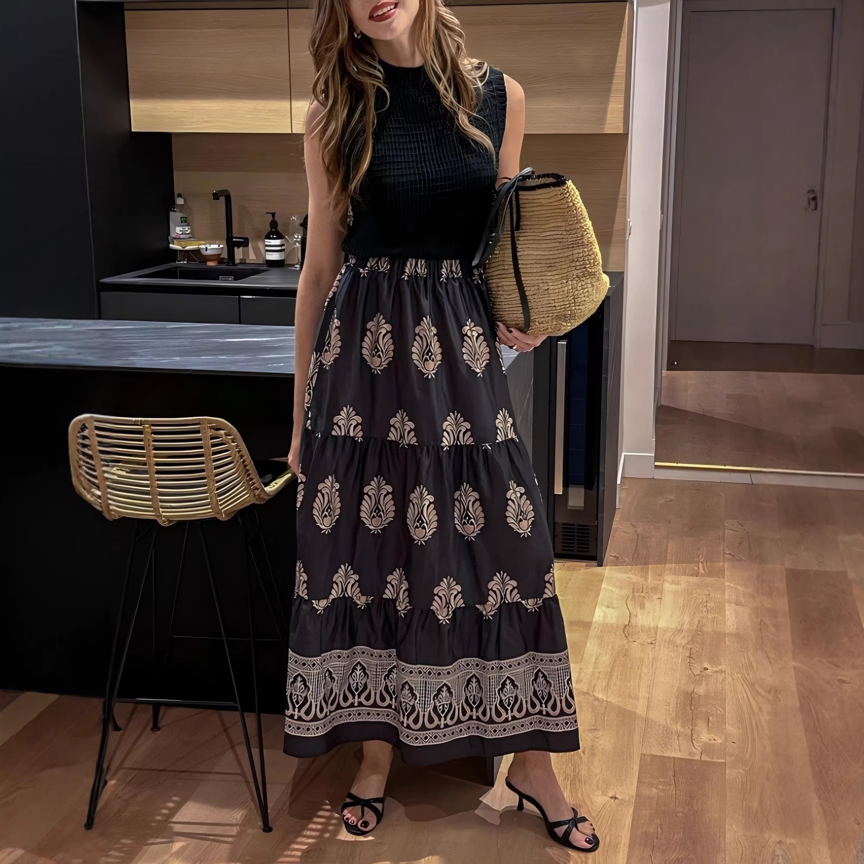 Bohemian Style Women's Spring And Summer High-waisted Printed A-line Skirt, Casual Beach Vacation Floral Long Skirt_ecoleips.com