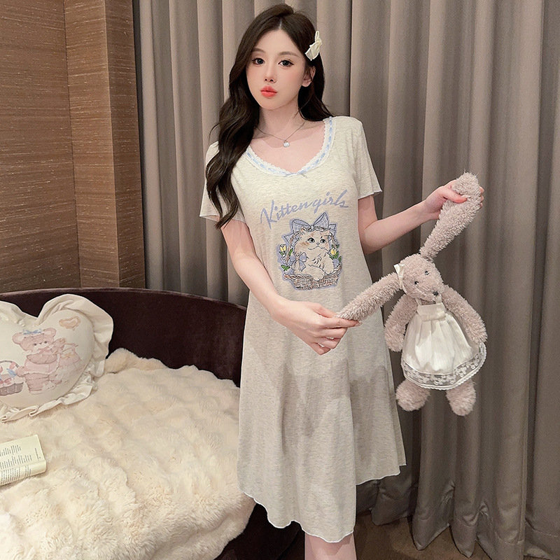 외부 착용이 가능한 가슴 패드가 있는 잠옷, 만화 고양이 프린트 반팔 잠옷, 여성용 여름 가볍고 루즈한 드레스, 홈웨어