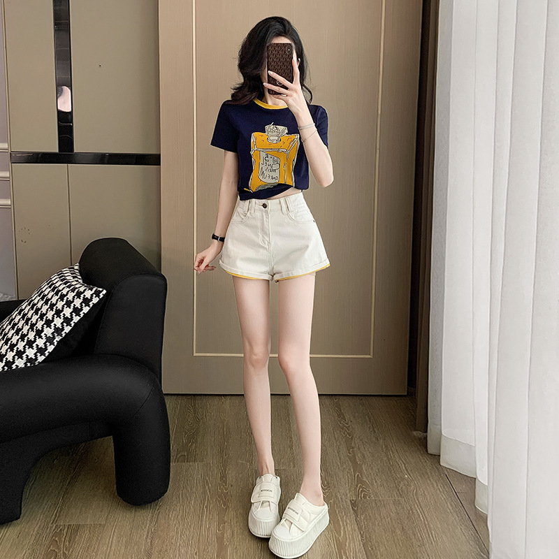 Internet Celebrity Fashion Fried Street New Women's suit Contrast Color Round Neck Printed Short-sleeved T-shirt Curled White Denim Shorts