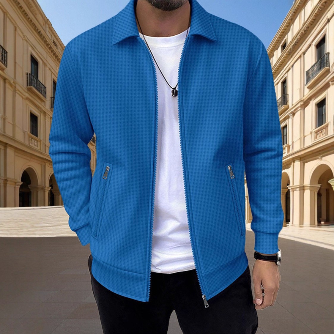 2026 Cross-Border Autumn Waffle Texture Lapel Jacket for Men, Klein Blue Zip-Up Cardigan