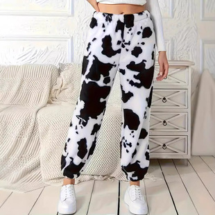 2025 European and American Women's Autumn and Winter Fashion Popular Cow Print Pattern Women's Loose Fashion Pants Plush Style