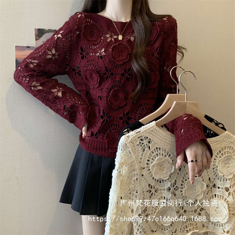 Real shot ~ plus size French crochet hollow three-dimensional flower sweater women's temperament lazy style blouse design top Real shot ~ plus size French crochet hollow three-dimensional flower sweater women's temperament lazy style blouse design top