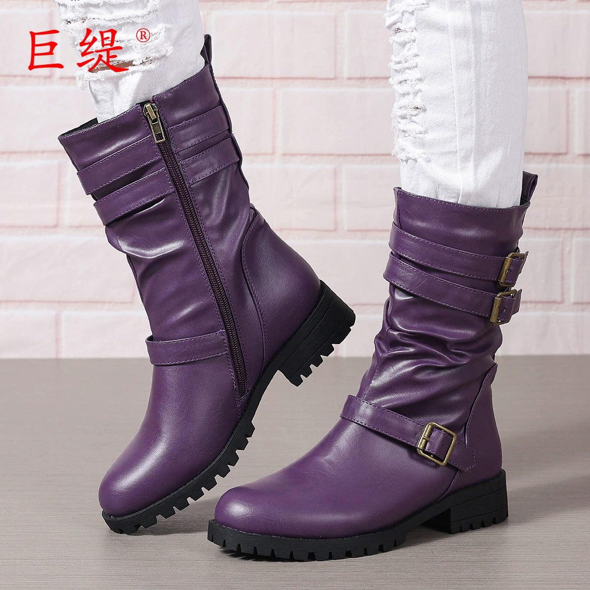Giant Ti 2024 осень и зима новый спот внешней торговли большой размер боковой молнии низкий размер женские сапоги WISH Amazon европейские и американские кожаные сапоги