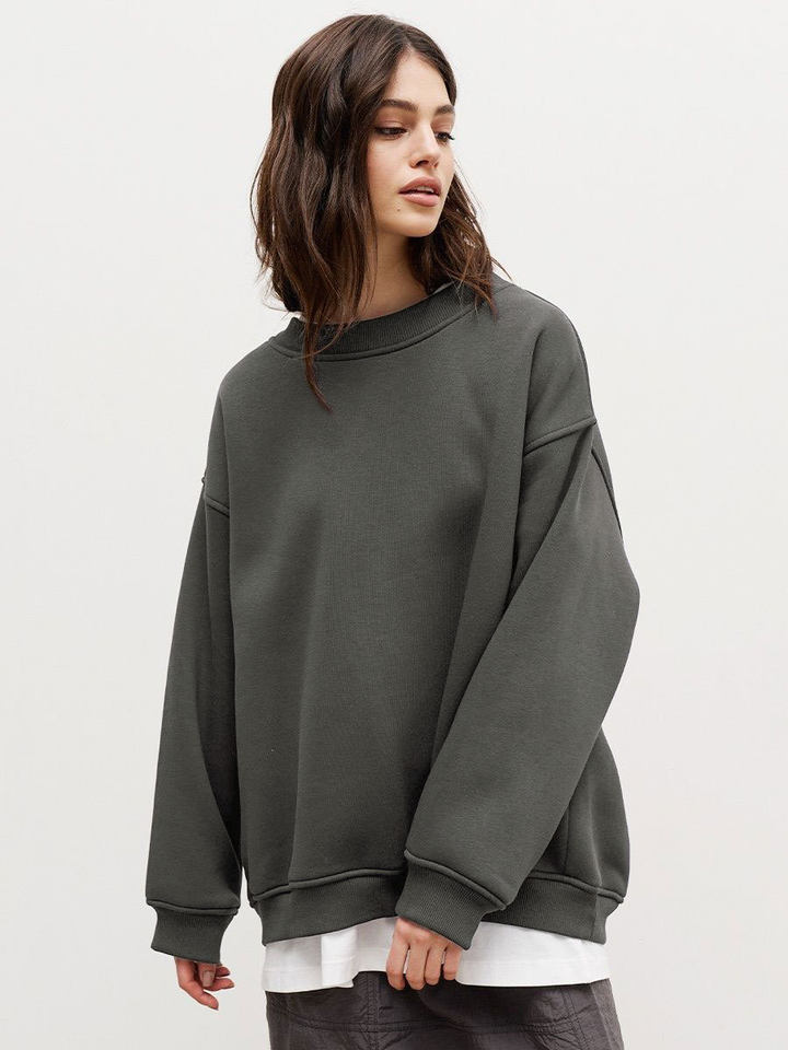 Áo sweatshirt nữ cổ tròn dáng rộng oversize tay dài chất liệu nỉ lông — Hoa màu xám, Màu cà phê, Màu trắng, Xanh navy chi tiết 31