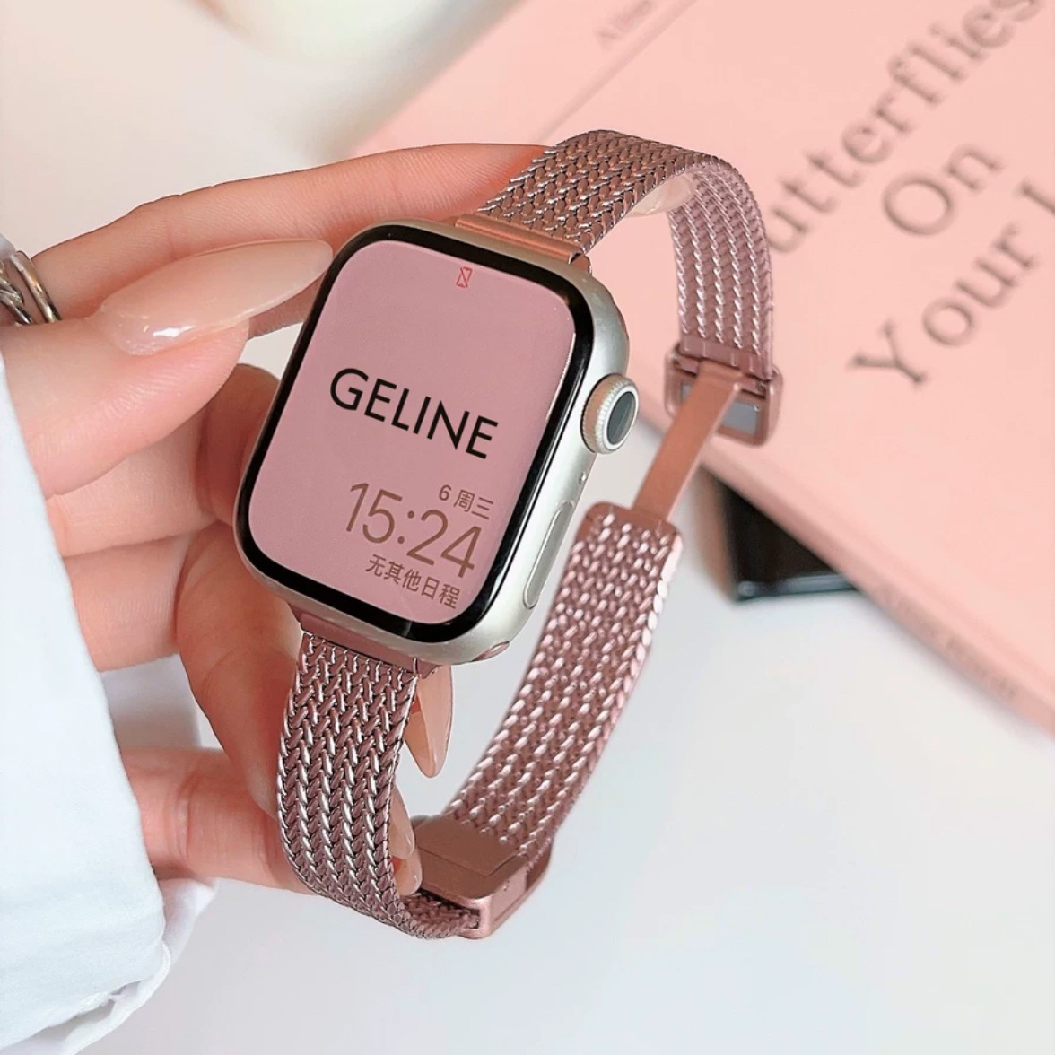Aplicable para Apple Watch acero inoxidable metal de trigo herringbone hebilla de succión cintura pequeña correa de mujer