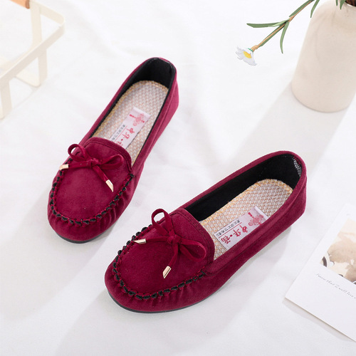 Polyurethane bottom old Beijing style women's moccasin shoes, versatile flat shoes with bow tie, suede casual Mary Jane single shoes for women