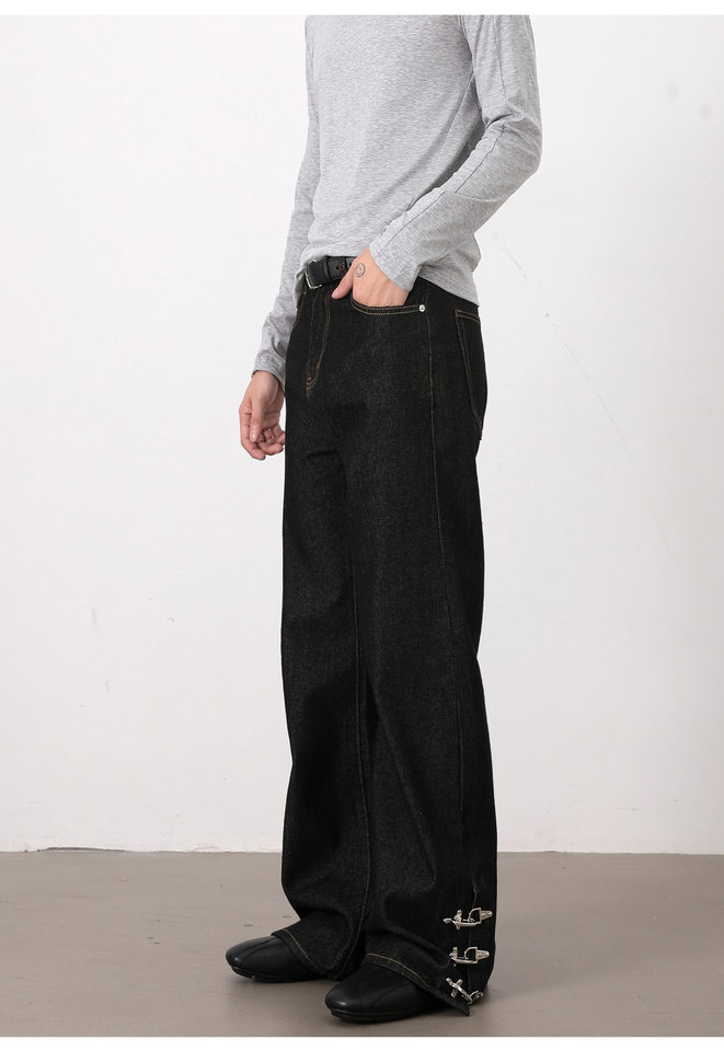 Quần jeans nam ống loe nhẹ denim thô đen, cạp vừa, dáng cơ bản, dài quần — Denim đen chi tiết 11