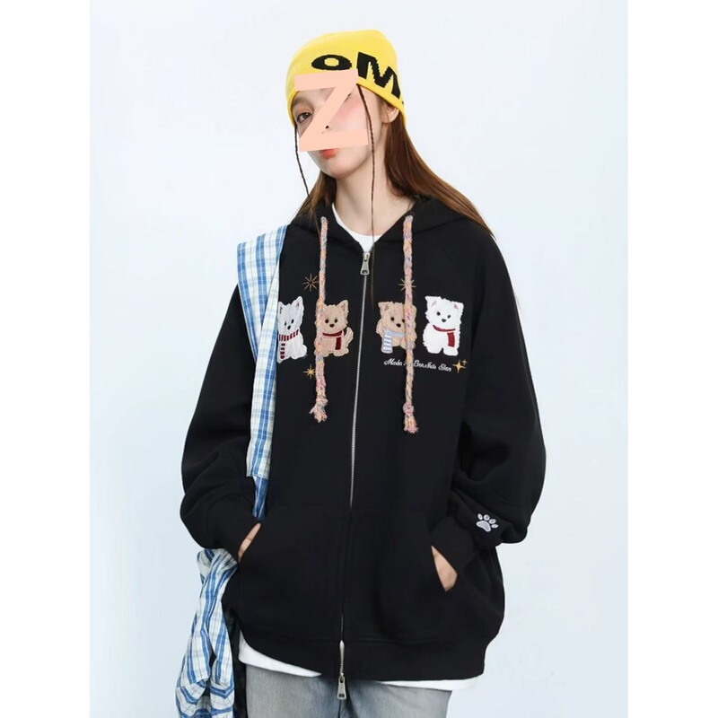 【Huamian Composite】Cute Puppy Embroidery Fleece-Lined Zipper Cardigan for Women, Loose Fit Hooded Sweatshirt for Autumn and Winter