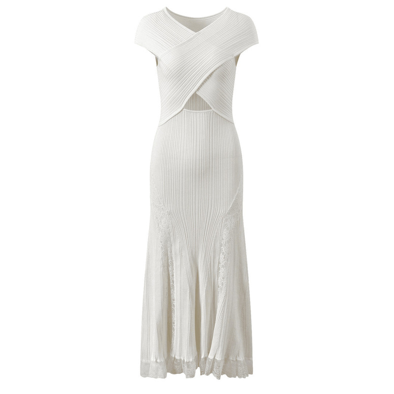 2026 Summer New Design Cross-Neck Slim Fit Elegant Hollow Lace Patchwork Dress for Women