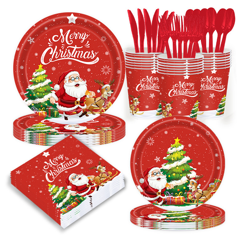 New Red Christmas Themed Santa Claus Party Tableware Set for Kidsren Disposable Paper Cups, Paper Plates, Paper Towels