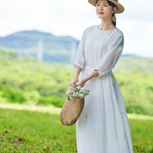 2025棉麻女装七分袖文艺苎麻可收腰宽松大摆连衣裙 有内衬