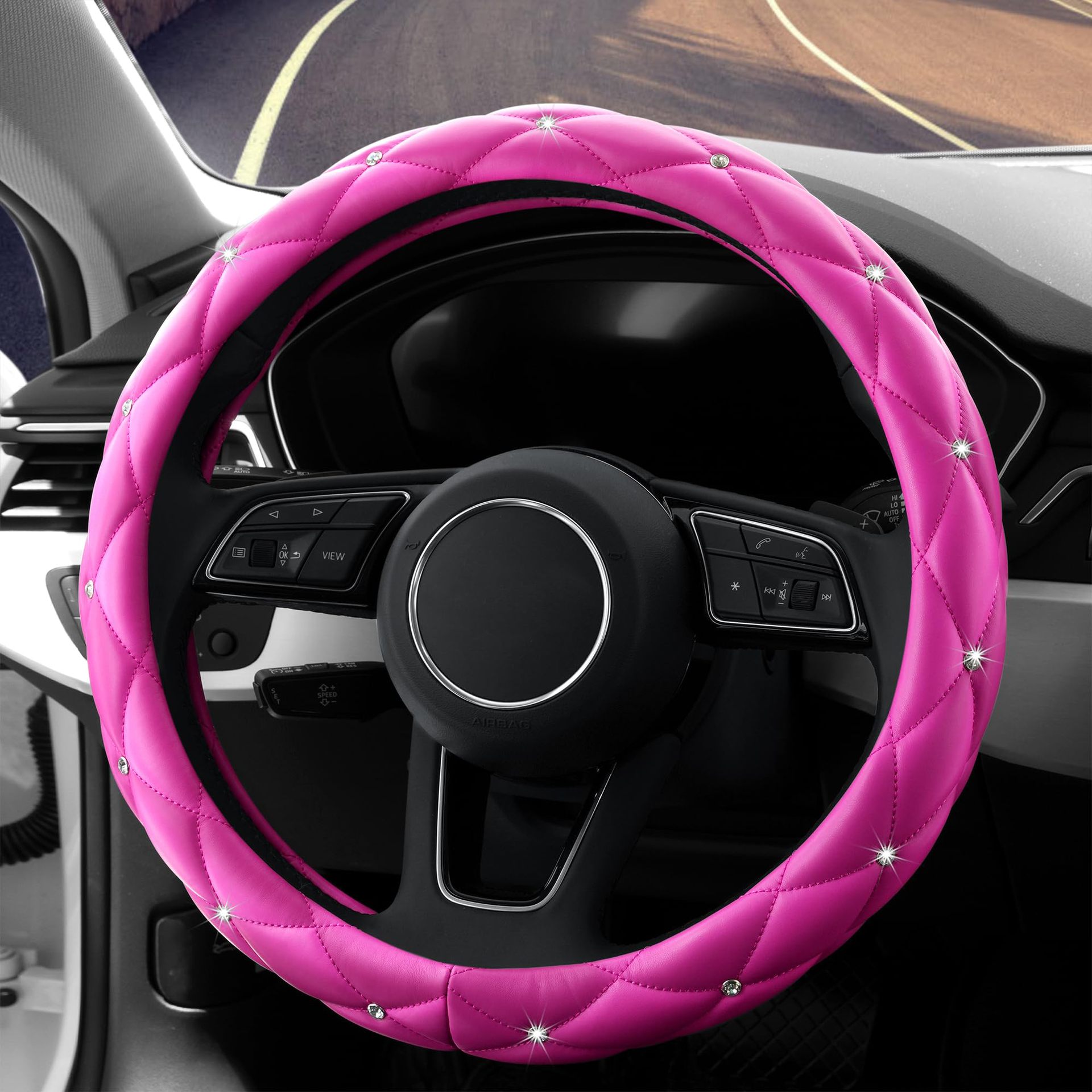 Factory Direct Sales Amazon Car Diamond-Studded Steering Wheel Cover, Universal for All Seasons, Soft Leather Anti-Slip Rhinestone Handle Cover