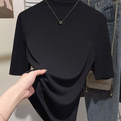 山積み襟中袖tシャツ女2025新型洋気修身半袖高襟上着五分袖ねじ底シャツ