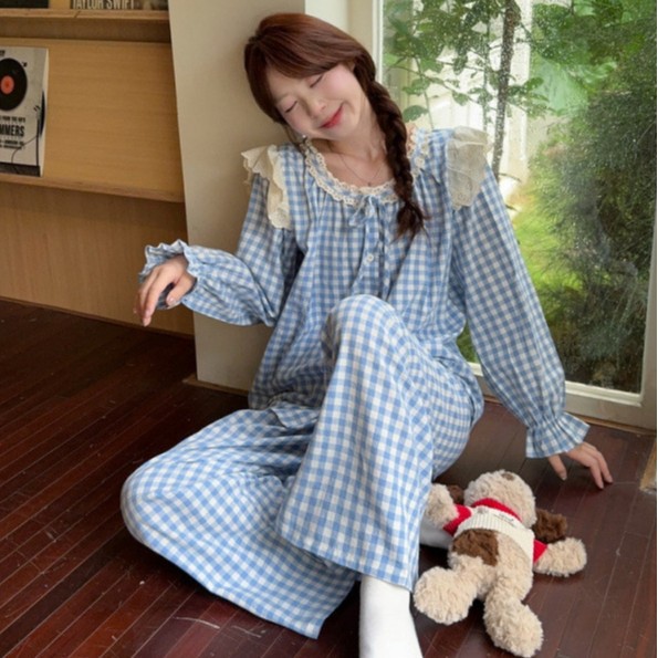 韩国ins女士春秋新品韩版格子花边领喇叭袖长袖裤睡衣套装家居服