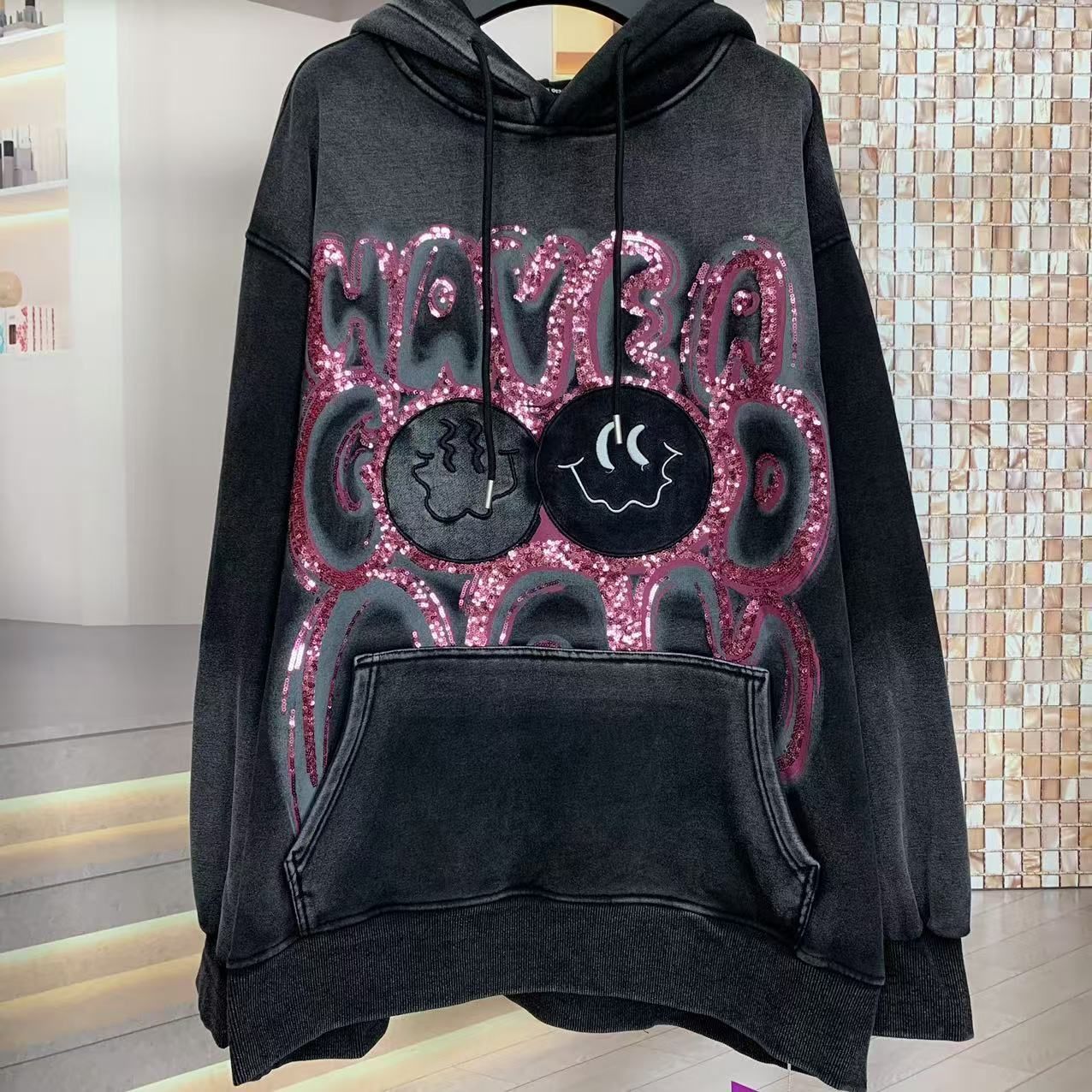 300 jin invierno nuevo lavado de agua bordado sequinilla sonriente más camisa encapuchada retro camisa de manga larga mujer