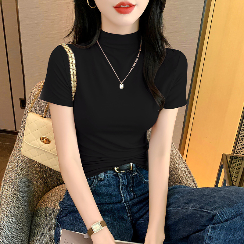 블랙 하프 터틀넥 반소매