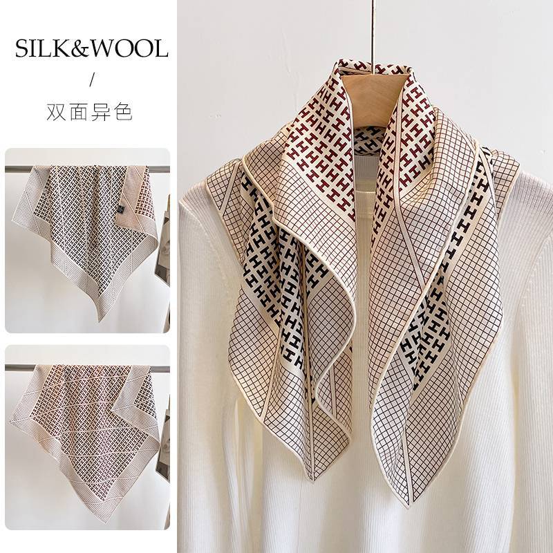 2025春秋冬新型高級シルクウールマフラー女性ファッション気質プリントストール両面シルクスカーフ