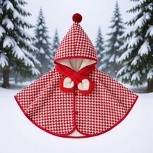 秋冬女宝宝披风  婴儿加绒防风斗篷外出服 0-3岁红色保暖连帽披肩