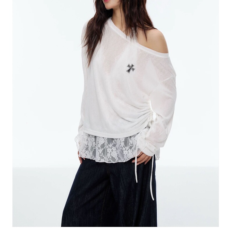 Lyocell Tencel Slanted Shoulder One-Shoulder Cross Logo Slimming Look Sun Protection Blouse Long-Sleeved Top for Women