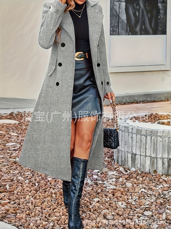 2025新款跨境外贸欧美女装时尚优雅纯色双排扣插袋长款大翻领风衣|undefined