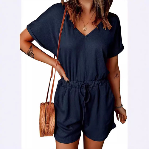 Women's Summer European and American Fashion Hot Selling Casual V-Neck Flared Sleeve Pocket Bodysuit