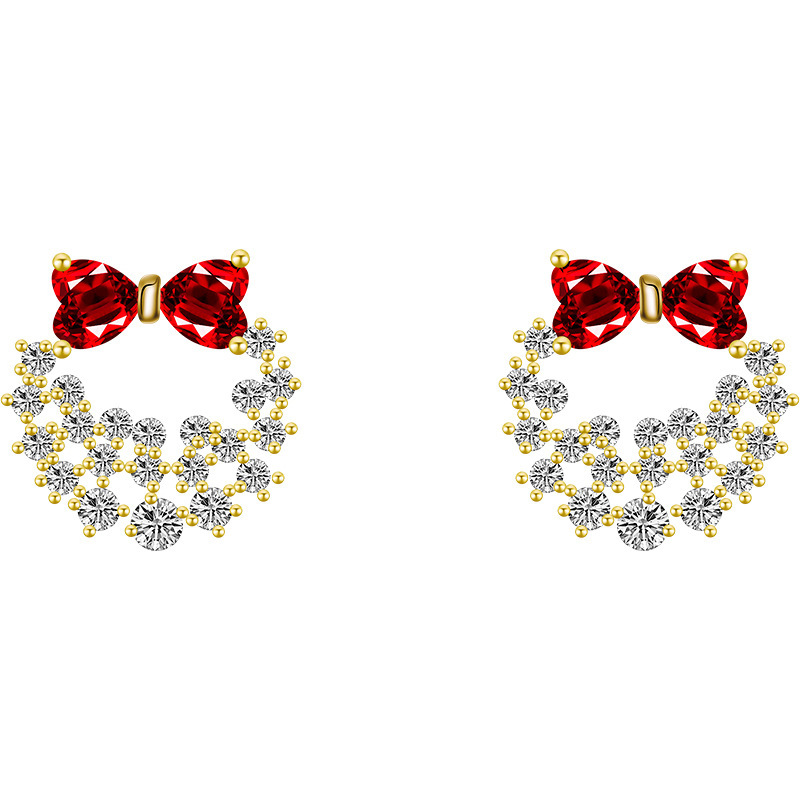 Korean bow rhinestone heart-shape alloy earrings