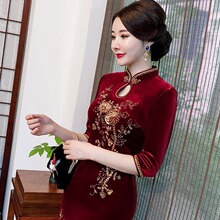 2024春季金丝绒钉珠长款旗袍复古改良妈妈装立领珠绣旗袍裙女亮片