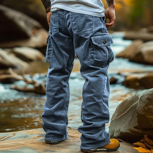 Corduroy casual pants, men's autumn style, retro loose work three-dimensional multi-pocket casual loose pants