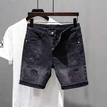美式街头ins潮人黑色破洞补丁牛仔五分裤男夏季牛仔短裤夏中裤子