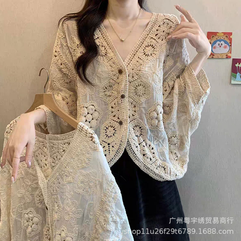 V-Neck Three-Quarter Sleeve Arm-Covering Cardigan for Women 2025 European Summer Large Size Fat mm Bohemian Style Thin Cardigan V-Neck Three-Quarter Sleeve Arm-Covering Cardigan for Women 2025 European Summer Large Size Fat mm Bohemian Style Thin Cardigan