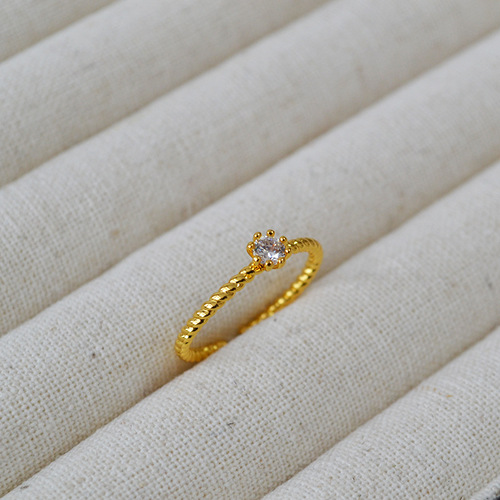Japanese and Korean niche minimalist brass gold-plated spiral claw-set zirconia and sparkling diamond open-adjustable thin ring for index finger
