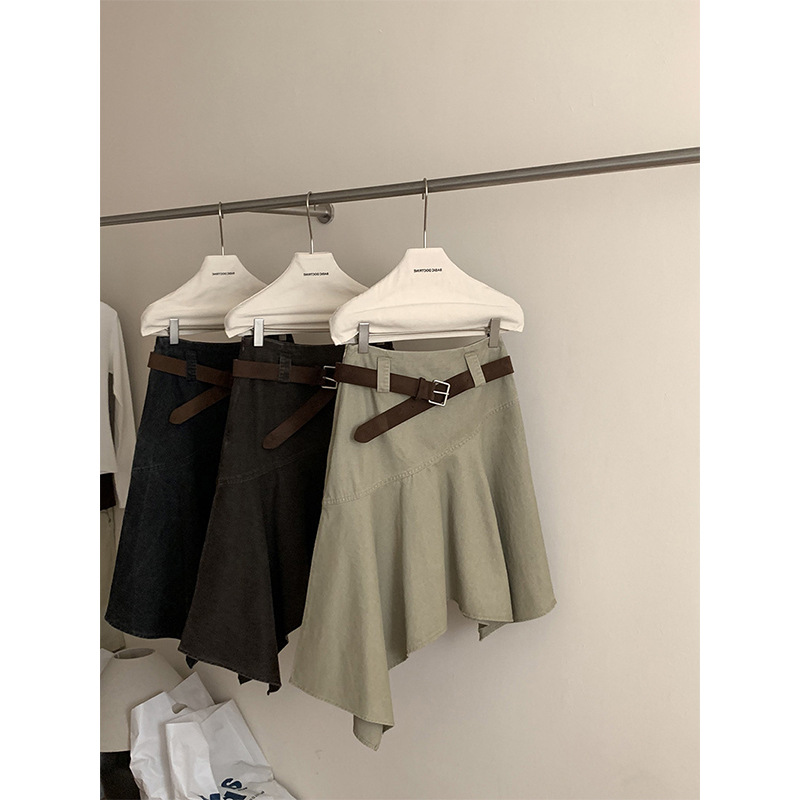 American Dove Distressed Asymmetrical Skirt Retro Fashion Autum New Korean High-Waisted Skirt 90091