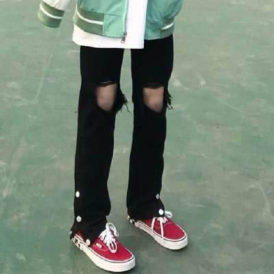 New Ripped Split Black Couple's Jeans for Students Unisex Loose Korean Style Bf Lazy Style Design Wide Leg Pants