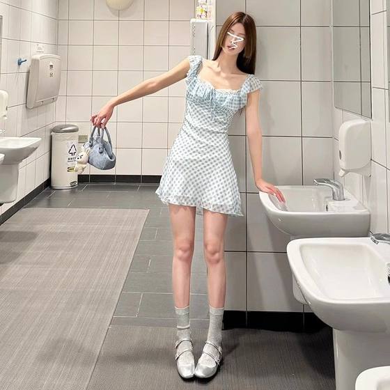 Small Blue Plaid Strap Dress Women's Summer 2025 New Waist High-end A- line Skirt