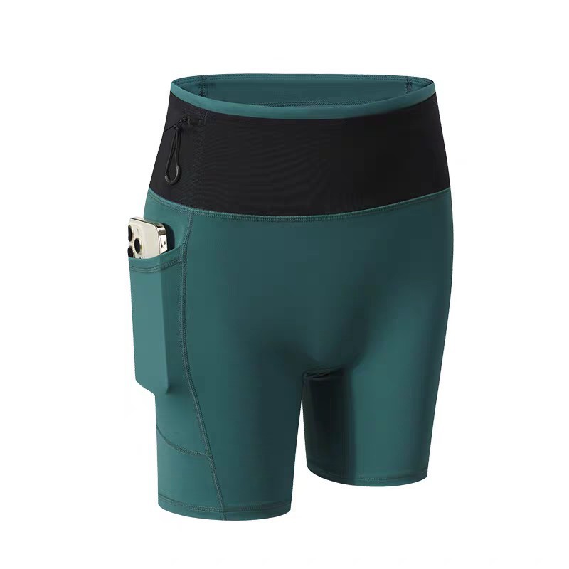 Pantalones cortos deportivos de verano para mujer, bolsillo para teléfono móvil, cintura alta, glúteos, maratón elástico, fitness, yoga, leggings de compresión