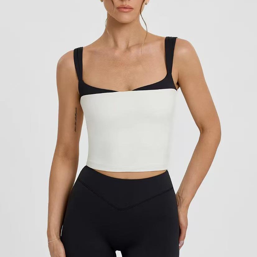 2026 Europa y los Estados Unidos colgante de cuello cuadrado chaleco de yoga de color sólido empalme simple delgado alto elástico ejercicio profesional fitness