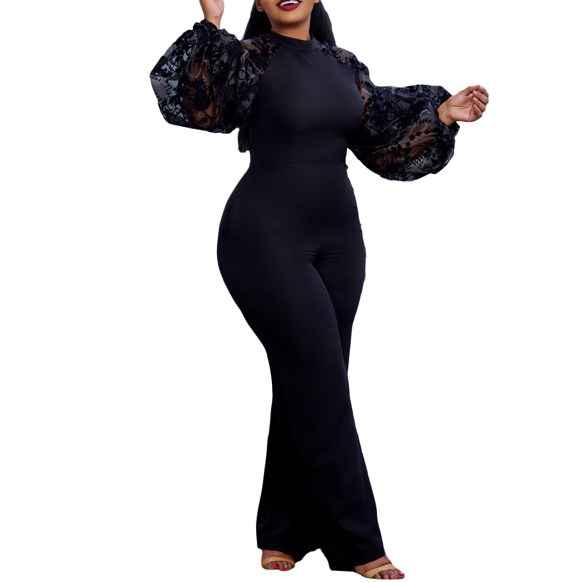 Ropa de mujer transfronteriza europea y americana más tamaño primavera nueva moda elegante malla ol puff manga pierna ancha Comercio exterior mono