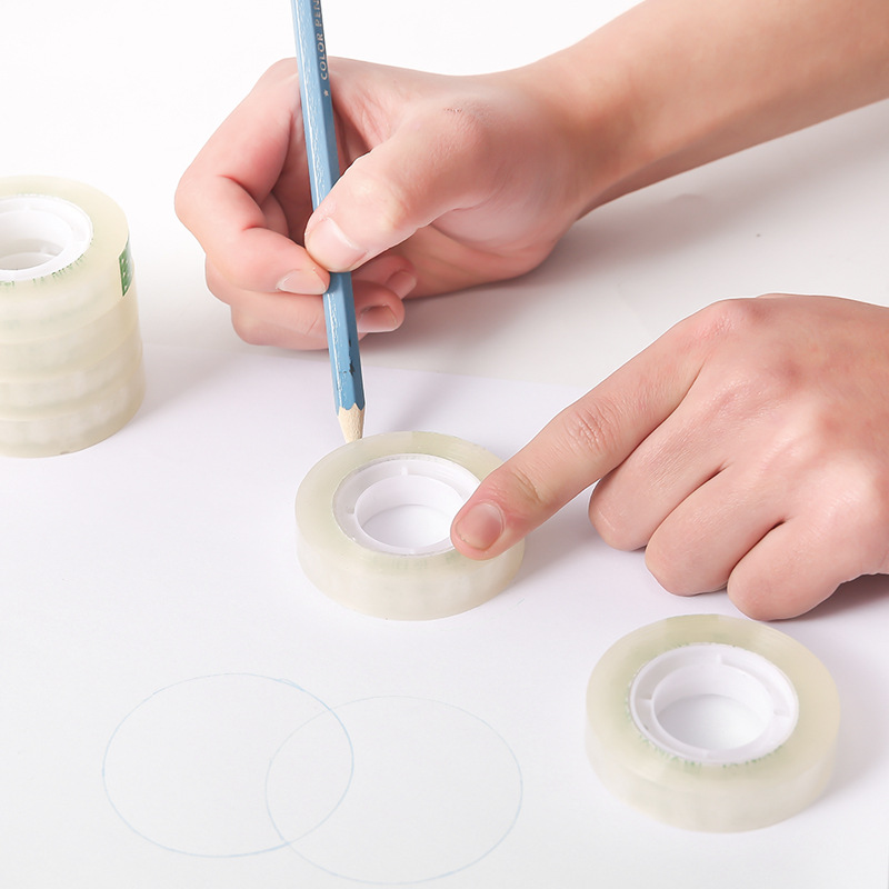 Cerca de 18 metros de largo 1,0 cm de ancho de diámetro 4,9 cm cinta de papelería súper transparente adhesivo estudiante pequeña cinta al por mayor