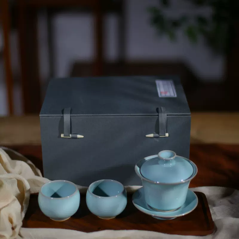 汝窑高档青瓷功夫茶冰裂三才盖碗套装茶碗全套汝瓷陶瓷礼品茶具