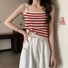 跨境2023年春季新款吊帶條紋針織背心女內搭辣妹短款修身顯瘦上衣